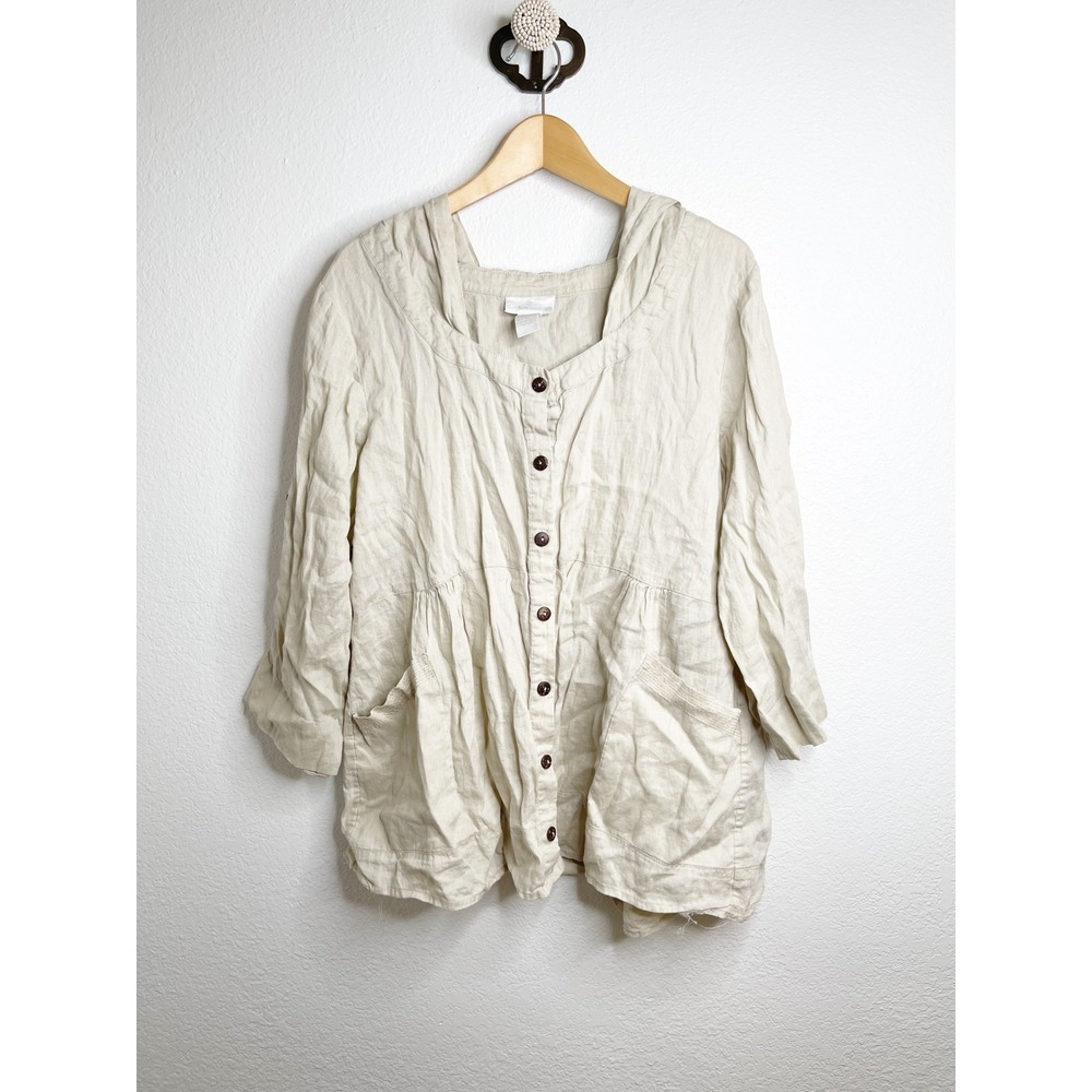Soft Surroundings Womens 1X Linen Hooded Tunic Button Front Beige Jacket Pockets